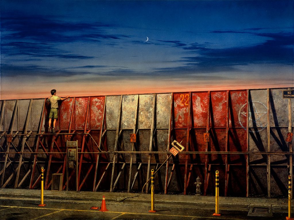 Terminus by Michael Whelan — https://www.michaelwhelan.com/galleries/terminus/

A boy standing on a scaffolding an peering over a tall fence